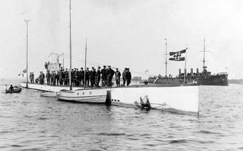 The German submarine U-53, which torpedoed the USS Jacob Jones, is seen in the harbor of Newport, R.I., in 1916, before the United States entered World War I. 