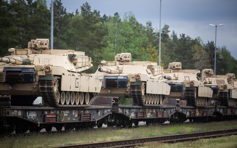 M1A1 Abrams tanks used to train Ukrainian soldiers arrive at Grafenwoehr, Germany, on May 12, 2023. 