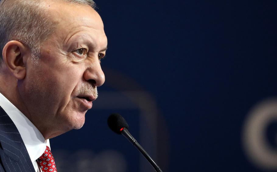 Recep Tayyip Erdogan, Turkey's president, speaks during a news conference at the G-20 summit in Rome on Oct. 31, 2021. MUST CREDIT: Bloomberg photo by Alessia Pierdomenico.