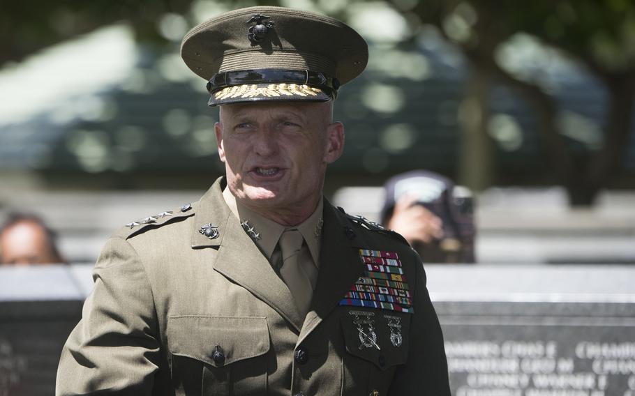 Lt. Gen. Roger Turner speaks to Marines at Peace Memorial Park.