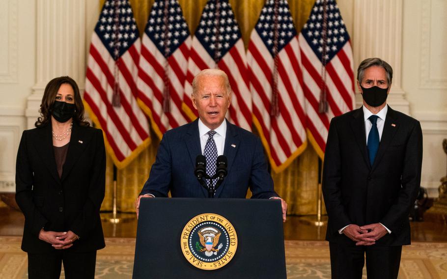 President Biden delivers remarks regarding evacuation of Afghanistan in the East Room at the White House on Aug. 20, 2021, with Vice President Harris, left, and Secretary of State Antony Blinken. 