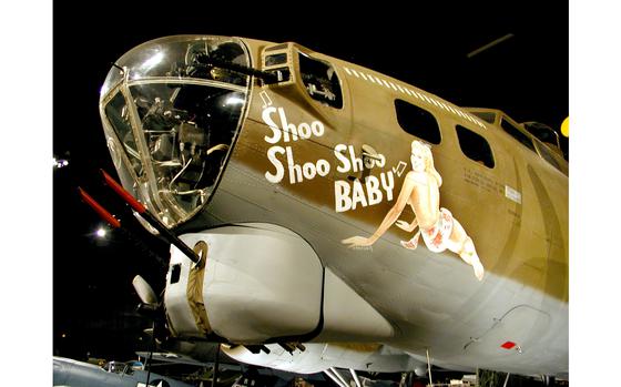 National Museum of the United States Air Force, Wright-Patterson Air Force Base, Ohio, March 31, 2003:  This Boeing B-17G "Flying Fortress," was assigned to the 91st Bomb Group during World War II, and was based in England. Named by the crew after a popular 1944 song by the Andrew Sisters. The crew and the plane were listed as missing in action on May 29, 1944 when it was forced to land in Sweden when it suffered mechanical failure during a bombing mission to Poland. In a deal with the U.S. government, the Swedish government - neutral during WWII - repatriated the crew (as well as crews from 7 other bombers forced to divert that day), but kept the aircrafts. Tracked down decades later by a military historian, the remains of the Shoo Shoo Shoo Baby were donated to the U.S. Air Force in 1972 and restored. 

The bomber is currently in storage at the National USAF Museum awaiting transfer to the Smithsonian's Air and Space Museum. 

META DATA: U.S. Air Force; WWII; History; aviation; B-17; bomber