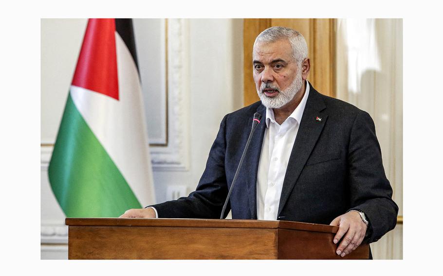 Ismail Haniyeh, the Doha-based political bureau chief of the Palestinian Islamist movement Hamas, speaks during a briefing in Tehran on March 26, 2024. 