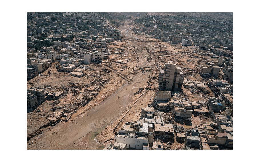 An aerial view of the damage in Derna. A strict curfew required people to shelter in place during the floods. 
