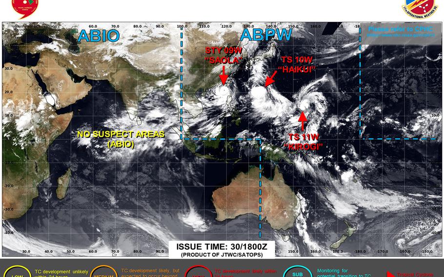 U.S. bases on Okinawa remained in TCCOR 2 through Thursday morning. Haikui remains on course to pass some 200 miles southwest of Okinawa early Friday evening as a Category 1-equivalent typhoon.