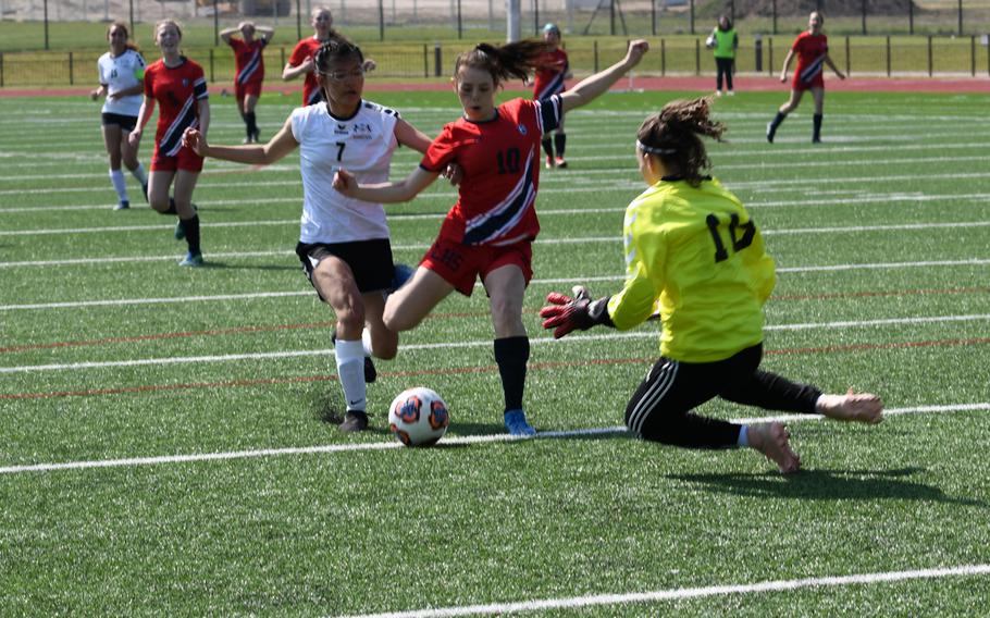 Lakenheath's Alicia Olmos takes a shot on goal while Ramstein Royals goalkeeper Carleigh Rivera goes for the save. Rivera had seven saves in the match played Saturday, April 16, 2022.