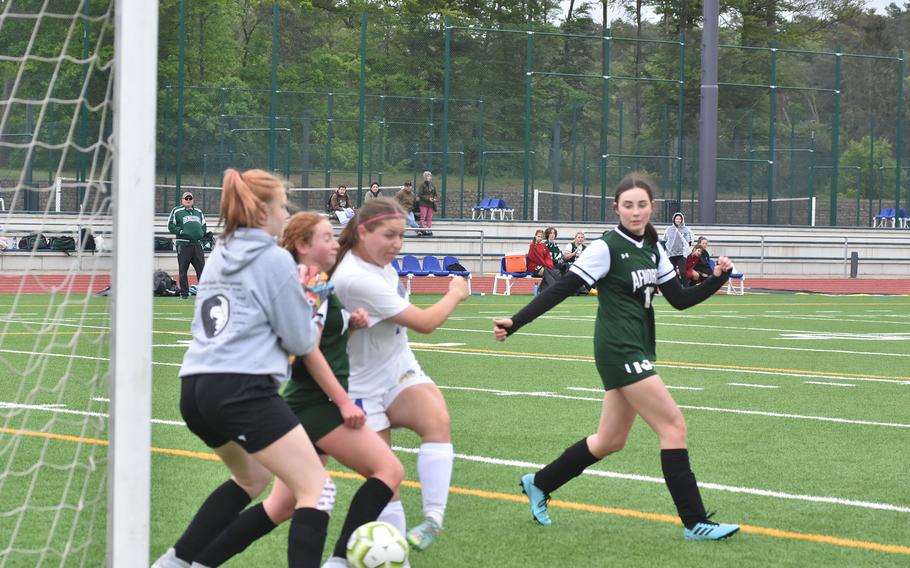 Sigonella’s Isabelle Balleza steps in front of two AFNORTH defenders to re-direct teammate Leila Denton’s free kick into the goal on Tuesday, May 16, 2023 in the DODEA-Europe girls Division III championships at Ramstein Air Base, Germany.