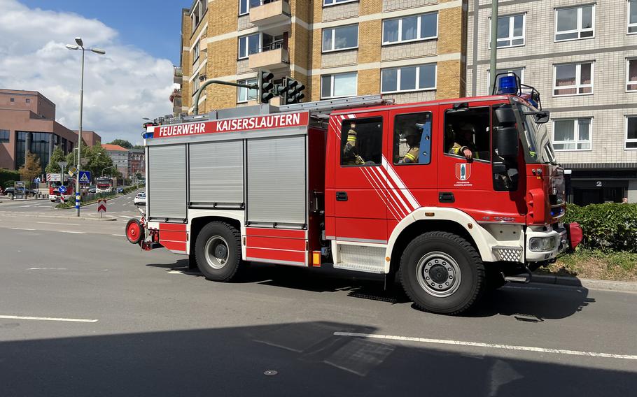 Kaiserslautern firefighters, shown here in a file photo, responded to a car fire on Europaallee early Thursday, April 11, 2024. First responders discovered a body in the vehicle wreckage, police said.