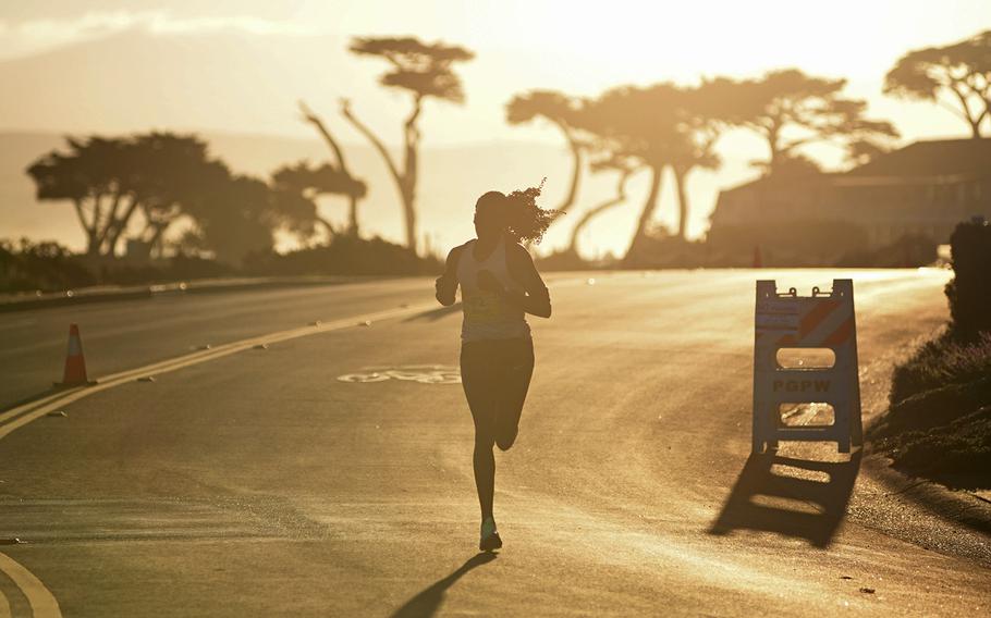 Joyline Chemutai runs in the Monterey Bay Half Marathon in California. During the marathon, two runners, men in their 50s and 60s, collapsed on the course.