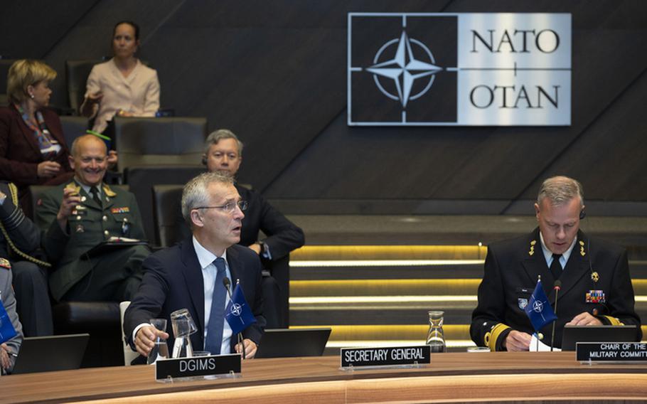 NATO Secretary-General Jens Stoltenberg, left, addresses defense chiefs during a military committee session in Brussels, May 19, 2022. Stoltenberg outlined the changed security environment due to Russias war in Ukraine, describing it as a crucial and dangerous time for Euro-Atlantic security. 