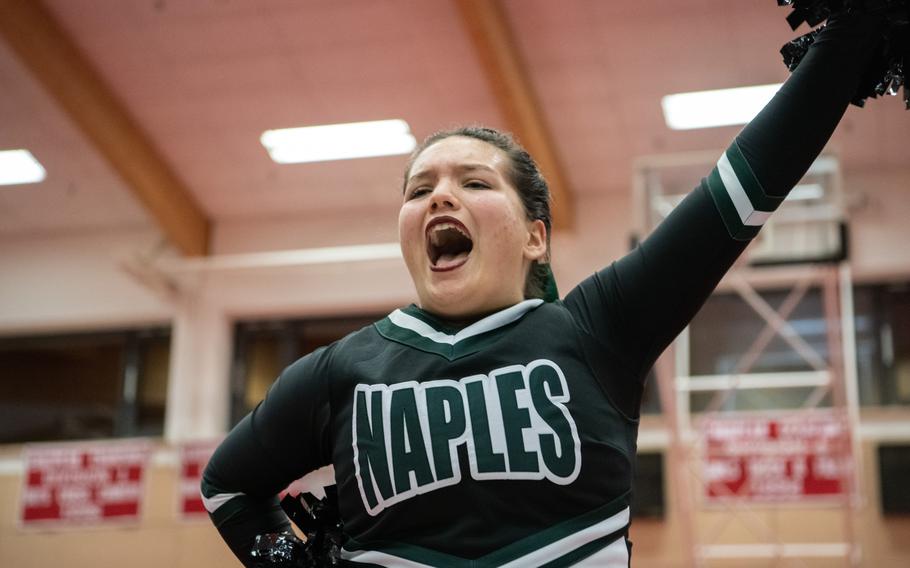 Gracie Dominguez shows spirit during the 2023 DODEA-Europe Cheerleading Championships at Kaiserslautern High School on Friday, Feb. 18.