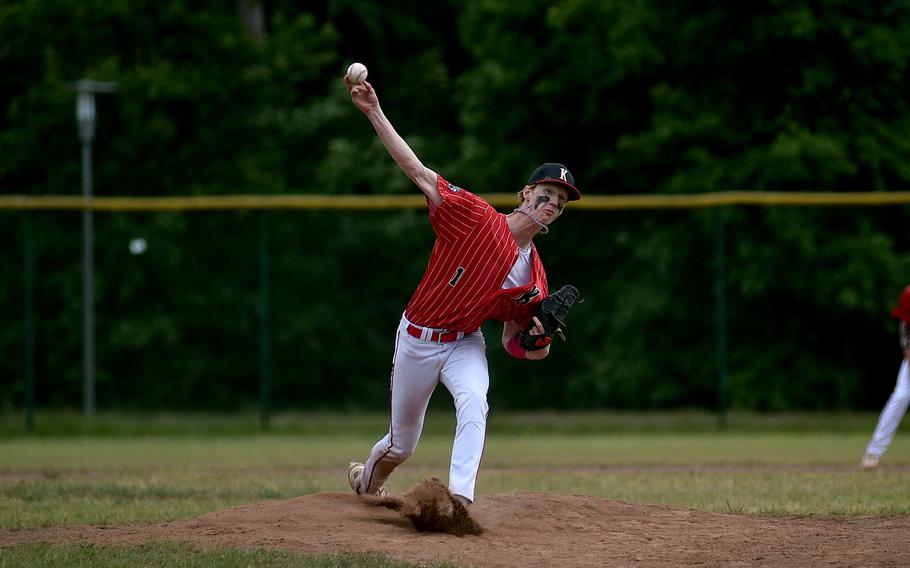 Kaiserslautern pitcher Bryant Lokey throws home during the Division I final against Ramstein at the 2025 DODEA European baseball championships on May 23, 2025, at Southside Fitness Center on Ramstein Air Base, Germany.