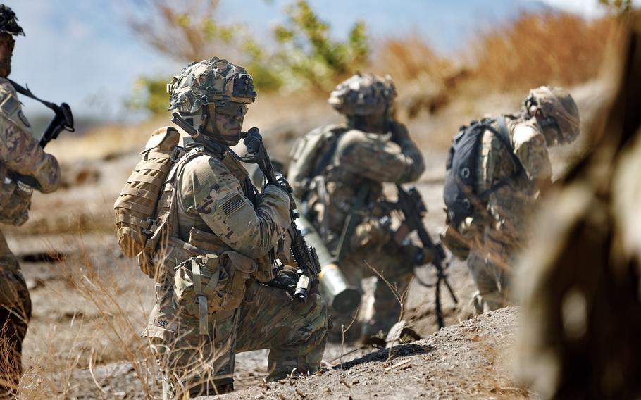 U.S. soldiers from 1st Battalion, 27th infantry Regiment train during the Super Garuda Shield exercise in East Java, Indonesia, Monday, Sept. 11, 2023. 