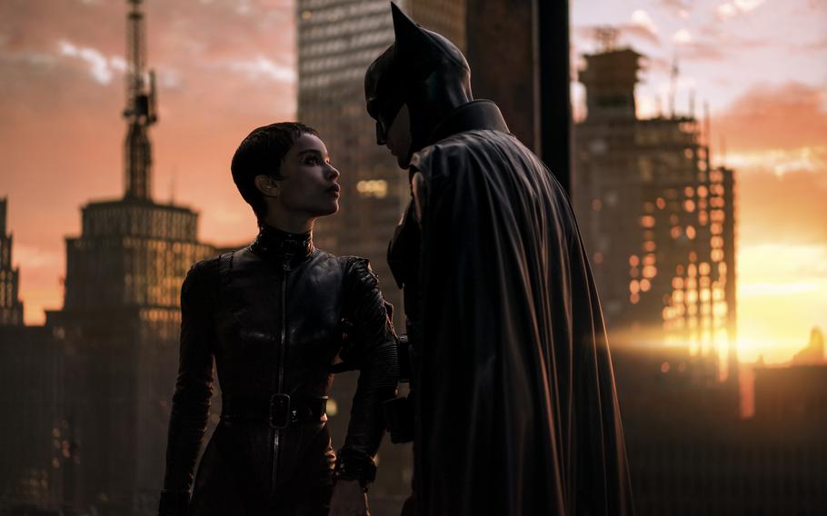 Zoe Kravitz as Selena Kyle aka Catwoman, left, and Robert Pattinson as Bruce Wayne/Batman star in “The Batman,” now in theaters.