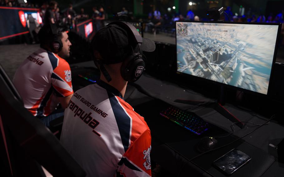 Members of the U.S. Coast Guard esports team drop into the action in Warzone 2.0, a battle royale mode of Call of Duty Modern Warfare II. They were participating in CODE Bowl III on Dec. 16, 2022, in Raleigh, N.C. 