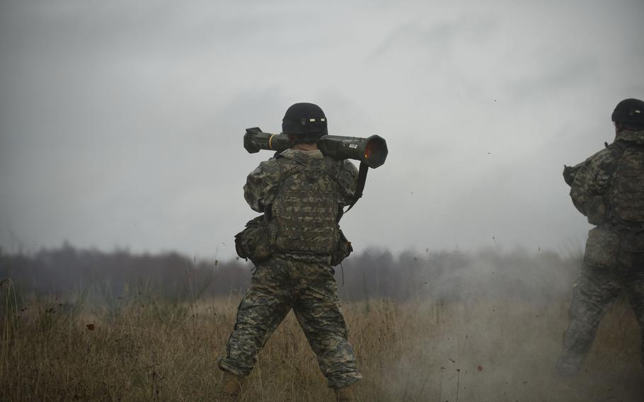 Infantrymen fire anti-tank shoulder mounted missle launchers at a live fire range in Grafenwoehr Training Area, Germany, on Dec. 9, 2013. The U.S. Defense Department announced on Friday, June 11, 2021, that Ukraine was awarded a new $150 million security aid package.