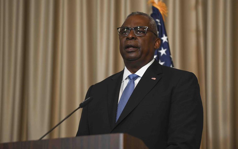 Defense Secretary Lloyd Austin speaks to reporters at a Ukraine Defense Contact Group meeting Sept. 19, 2023, at Ramstein Air Base, Germany. On Oct. 11 in Brussels, Austin said the U.S. would help Ukraine with its most urgent defense needs, while also making sure Israel has sufficient arms for its war against Hamas.