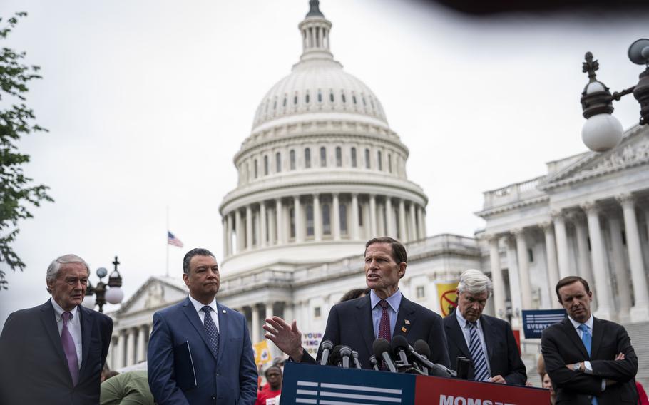 Sen. Richard Blumenthal, a Democrat representing Connecticut, speaks during a news conference demanding action on gun control legislation two days after a gunman killed 19 children and two teachers in a Texas elementary school, on Capitol Hill on Thursday, May 26, 2022. 
