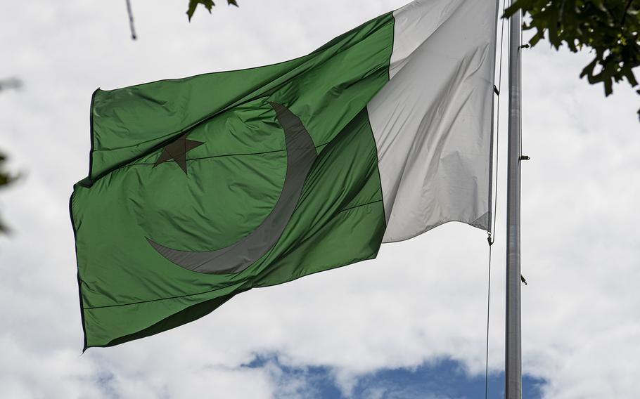 The Pakistani flag flies over the Pakistani Embassy compound in Washington, D.C., on July 6, 2022.