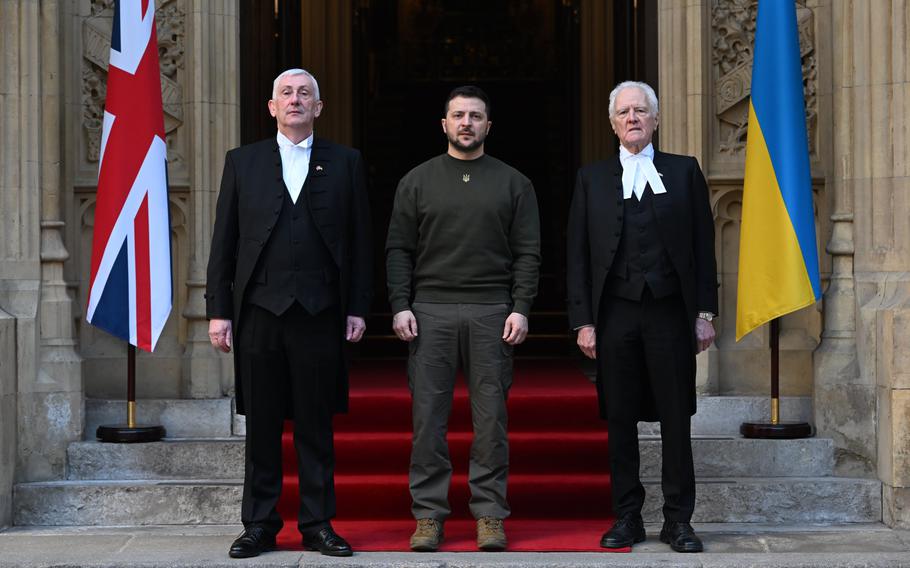 Ukraine President Volodymyr Zelenskyy attended Parliament to address both Houses in Westminster Hall on Wednesday, Feb. 8, 2023, in London. Before his joint address, he was welcomed by speaker of the House of Commons, Sir Lindsay Hoyle, and the speaker of the House of Lords, John McFall.
