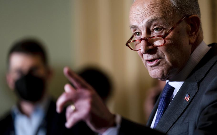 Senate Majority Leader Chuck Schumer, D-N.Y., meets with reporters at the Capitol in Washington on May 18, 2022. The Senate on Thursday, May 19, 2022, overwhelmingly approved a $40 billion military and humanitarian aid package to Ukraine, overcoming Republican obstruction to reinforce the embattled country in its fierce fight against Russia.