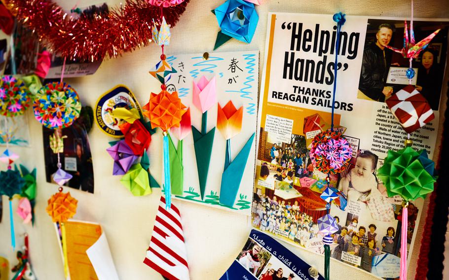 The wall at the Terauchi Daini temporary housing complex community room in Minamisoma, Japan, is covered with encouraging letters and thank-you notes, Feb. 11, 2016. Many of the visitors and volunteers come from U.S. military bases in Japan. 