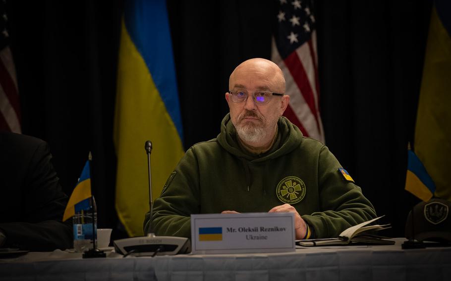 Ukrainian Defense Minister Oleksii Reznikov listens to a video message from Ukrainian President Volodymyr Zelenskyy during a Ukraine Defense Contact Group meeting Jan. 20, 2023, at Ramstein Air Base in Germany.