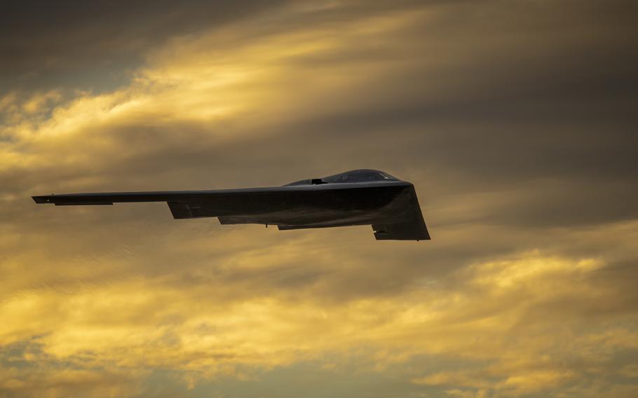 An Air Force B-2 Spirit bomber assigned to the 509th Bomb Wing at Whiteman Air Force Base, Mo., flies over Luke Air Force Base, Ariz., on Nov. 15, 2022.