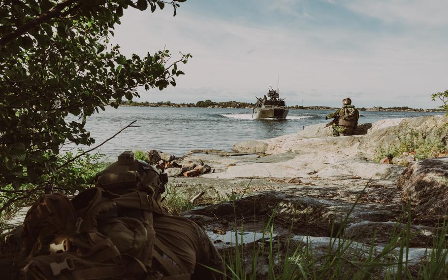 A U.S. Marine takes part in exercise Archipelago Endeavor 23 in Sweden on Sept. 7, 2023. The joint exercise, which ended Thursday, involved marines from the two countries.