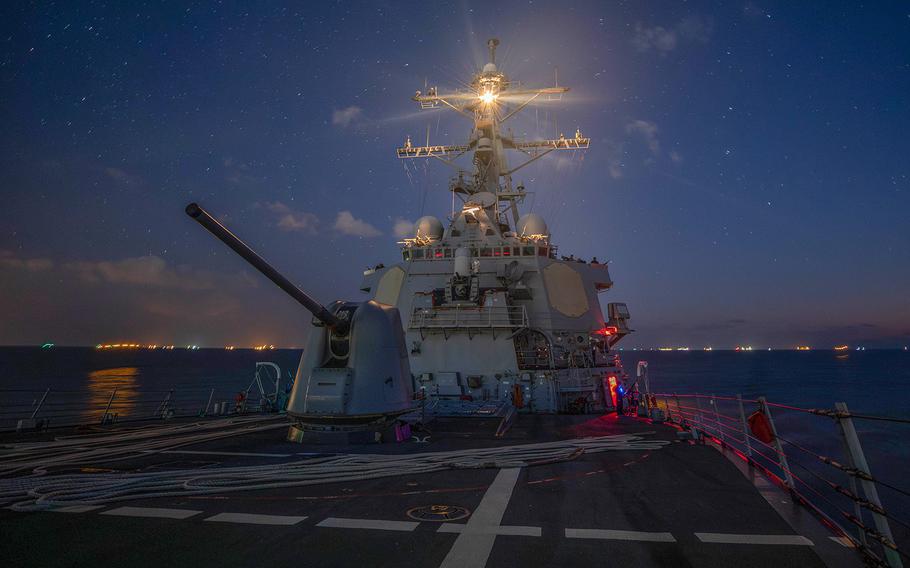 The Arleigh Burke-class guided-missile destroyer USS Carney transits through the Suez Canal in October 2023.