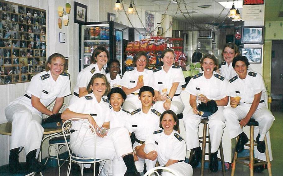 In the spring of 1999, a group of the first women to enroll at VMI gathered at a local ice cream parlor to celebrate the upcoming graduation of two female transfer students who would become the college's first-ever female graduates. 