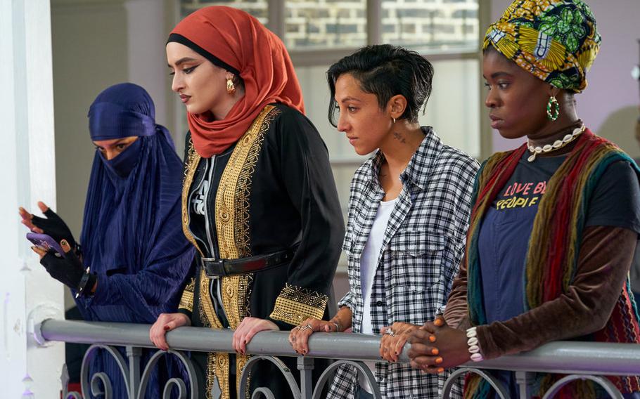 Pictured (l-r): Lucie Shorthouse as Momtaz, Juliette Motamed as Ayesha, Sarah Kameela Impey as Saira, Faith Omole as Bisma of “We Are Lady Parts.”