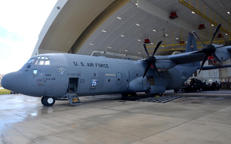 A C-130J Super Hercules from the 374th Airlift Wing at Yokota Air Base in Tokyo takes part in the annual "push off" ceremony for Operation Christmas Drop at Andersen Air Force Base, Guam, Monday, Dec. 5, 2022. 