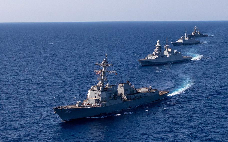 From front, destroyer USS Bainbridge, the Italian navy frigate ITS Alpino, the French navy frigate FS Languedoc and the destroyer USS Cole transit the Adriatic Sea, July 6, 2022. Bainbridge sailed into Aksaz, Turkey, for a port visit July 18.