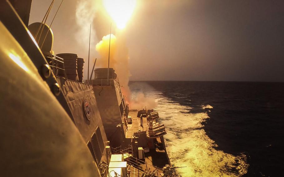 The Arleigh Burke-class, guided-missile destroyer USS Carney fires at Houthi missiles and unmanned aerial vehicles in the Red Sea on Oct. 19, 2023. 