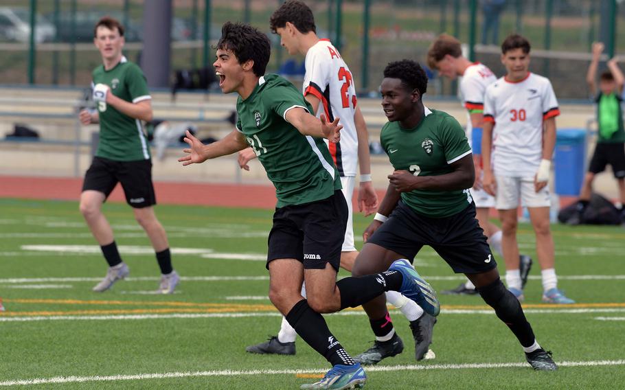 Naples’ Anders Cromwell celebrates after scoring the Wildcats’ fifth goal of the boys Division II final at the DODEA-Europe soccer championships in Ramstein, Germany, May 22, 2025. Naples took the title with a 5-2 win over American Overseas School of Rome.