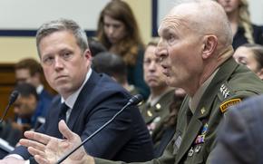 Secretary of the Army Daniel Driscoll, left, and Chief of Staff Gen. Randy George, US Army, testify on Wednesday, June 4, 2025 in Washington during a House Armed Services Committee hearing concerning the Army Fiscal Year 2026 Posture. With the latest dramatic strike by Ukrainian drones on Russian aircraft in the news, some testimony centered on the US ArmyÕs drone warfare capability. (Eric Kayne/Stars and Stripes)