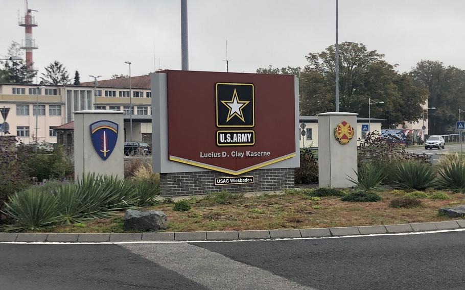 The front gate of Clay Kaserne, shown Oct. 13, 2022. Denisha Montgomery died in her barracks room on post Aug. 9, 2022, while assigned to the 139th Military Police Company.