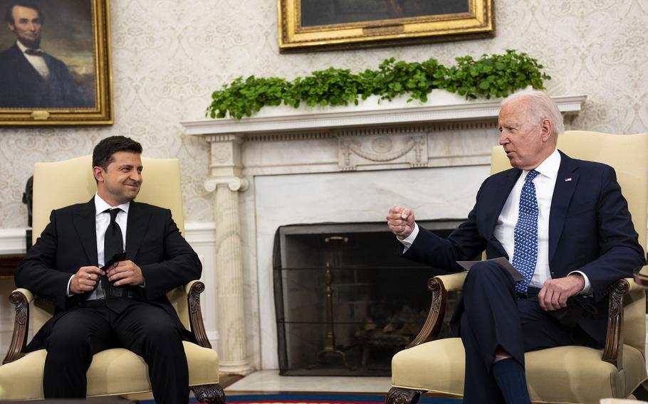 Ukraine’s President Volodymyr Zelenskyy, left, meets with U.S. President Joe Biden in the Oval Office at the White House on Sept. 1, 2021, in Washington, D.C.