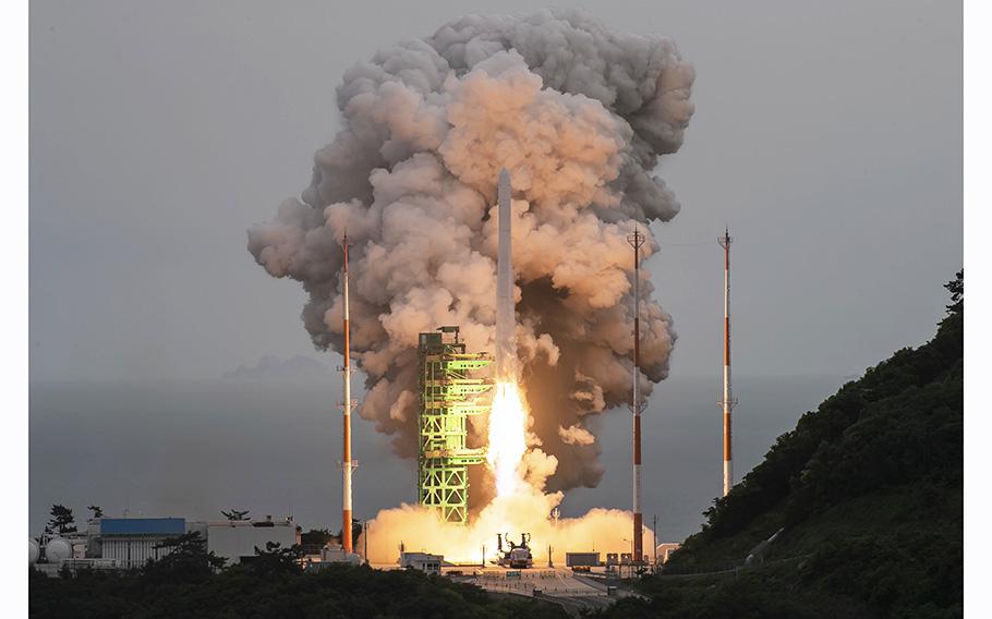 The Nuri rocket lifts off from a launch pad at the Naro Space Center in Goheung, South Korea, on Thursday, May 25, 2023. South Korea launched the commercial-grade satellite Thursday for the first time as part of its growing space development program.