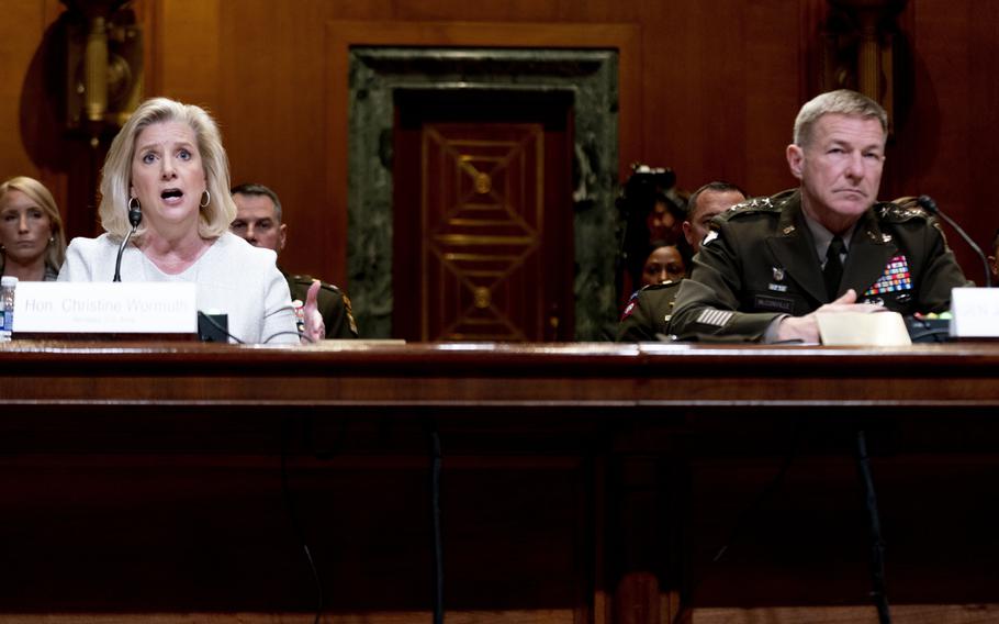 Secretary of the Army Christine Wormuth, left, accompanied by Army Chief of Staff Gen. James McConville, right, speaks Tuesday, May 2, 2023, on Capitol Hill in Washington during the Senate Appropriations Committee’s defense subpanel hearing about the Army’s proposed budget.