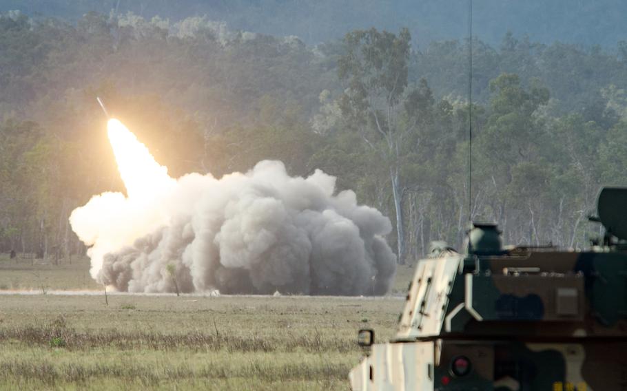 U.S. soldiers fire an M142 High Mobility Artillery Rocket System, or HIMARS, during a Talisman Sabre drill at Shoalwater Bay Training Area in Queensland, Australia, July 22, 2023.