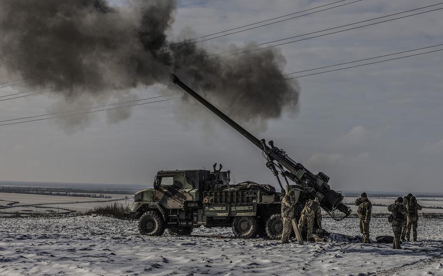 Ukrainian soldiers fire French-made Caesar howitzers at Russian forces near Vuhledar on Friday, Feb. 3, 2023.