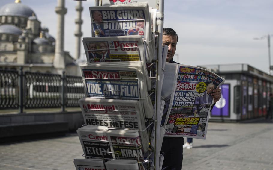 Newspapers are on display a day after presidential election day in Istanbul, Turkey, Monday, May 15, 2023. 