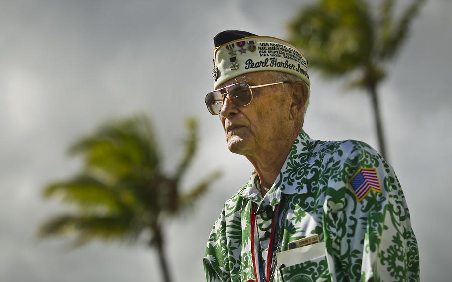 Retired U.S. Army Command Sgt. Maj. Sterling R. Cale takes a moment to speak to local media during the May 27, 2012, USS Arizona Memorial 50th anniversary commemoration ceremony in Honolulu, Hawaii. Cale, who turned 100 on Nov. 29, 2021, is among the dwindling number of Pearl Harbor survivors.