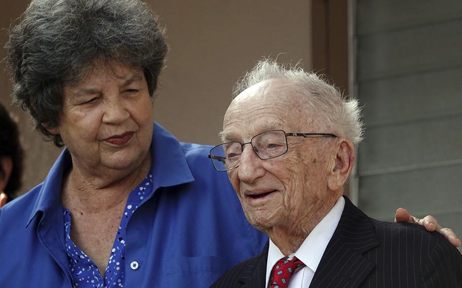U.S. Rep. Lois Frankel, D-Fla., left, introduces a bill to honor the last surviving prosecutor of the Nuremberg trials, Ben Ferencz, at a news conference outside his home in Delray Beach, Florida, on Nov. 22, 2021. 