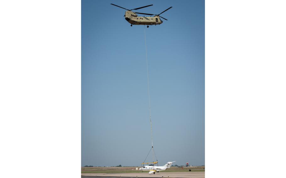 Vance Air Force Base, in cooperation with the Army’s 1st Aviation Combat Brigade from Fort Riley, Kan., on Monday, June 5, 2023, moved an inoperable T-1A Jayhawk trainer from Enid Woodring Regional Airport to Vance via helicopter.