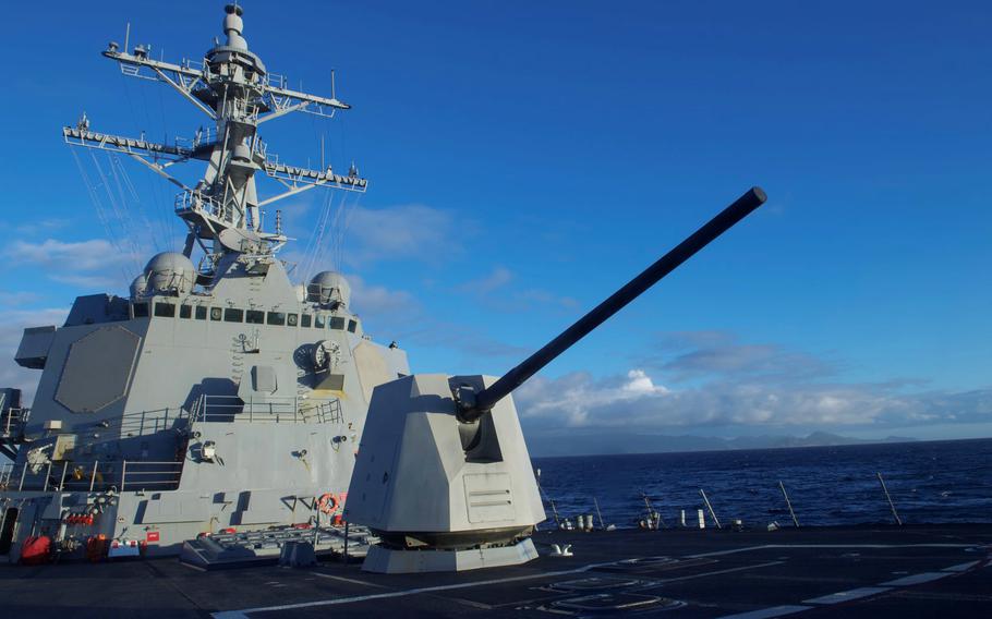 The guided-missile destroyer USS Halsey, seen here last month in the Pacific Ocean, took part in a two-day exercise in the Bay of Bengal before heading to India for the Milan exercise on Feb. 19, 2024. 