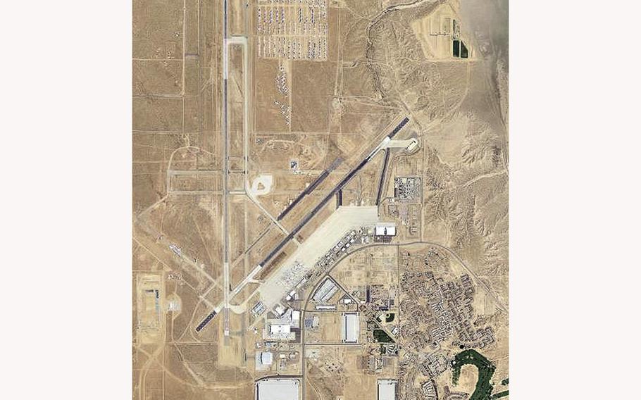 Aerial photo shows George Air Force Base in California. 