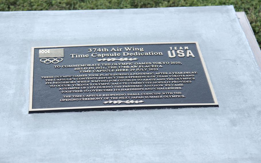 A time capsule sealed at Yokota Air Base in western Tokyo on Thursday, July 29, 2021, will not be opened until Japan hosts another Summer Olympics.